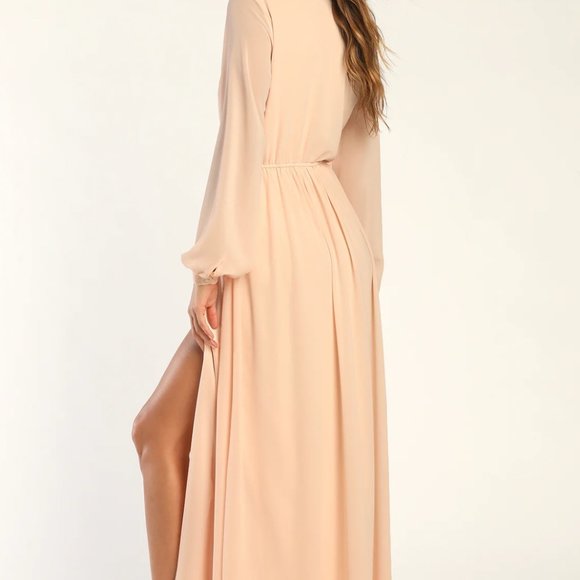 NWT LULU'S Wondrous Water Lilies Blush Pink Long SleeveMaxi Dress With Leg Slit - Picture 6 of 9